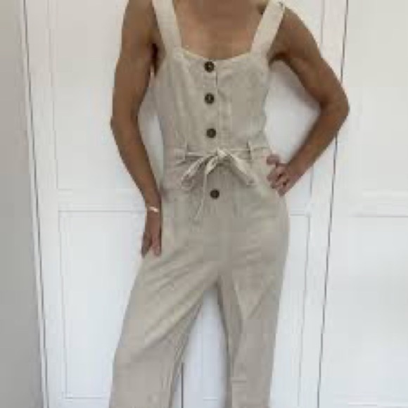 Shinestar Linen Mix Cream Button Jumpsuit - Picture 1 of 16